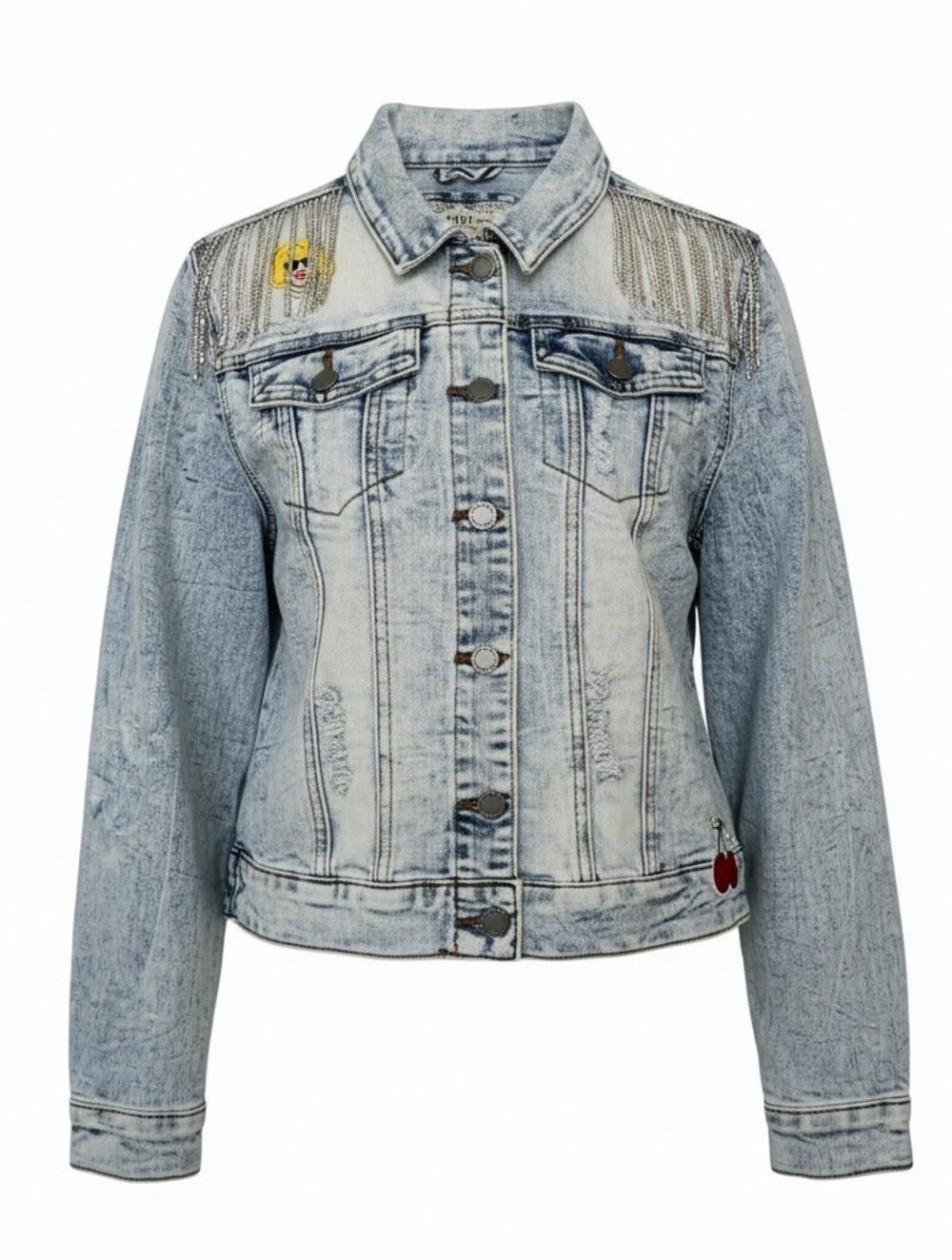 YMI Light Wash Distressed Blue Denim Jacket with Embroidered Accents